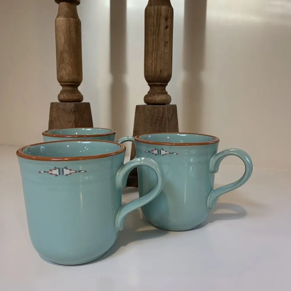 Vintage coffee mugs Southwestern Noritake Stoneware Boulder Ridge 3 Aqua Aztec - Picture 3 of 15